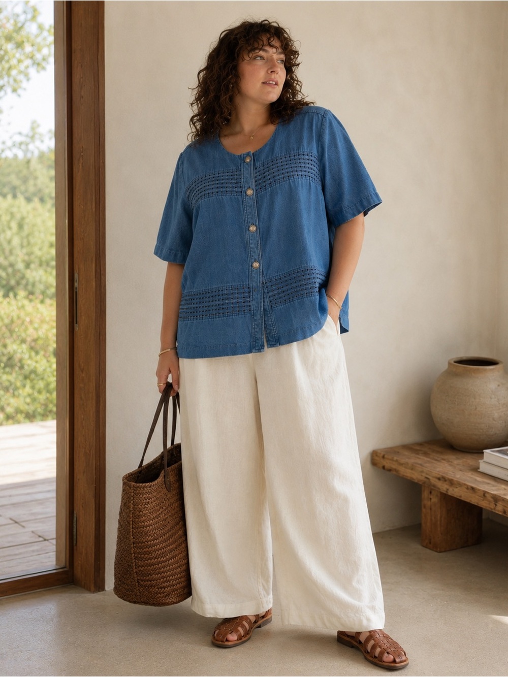 Vintage Cutwork Chambray Blouse • Cotton • Size 26